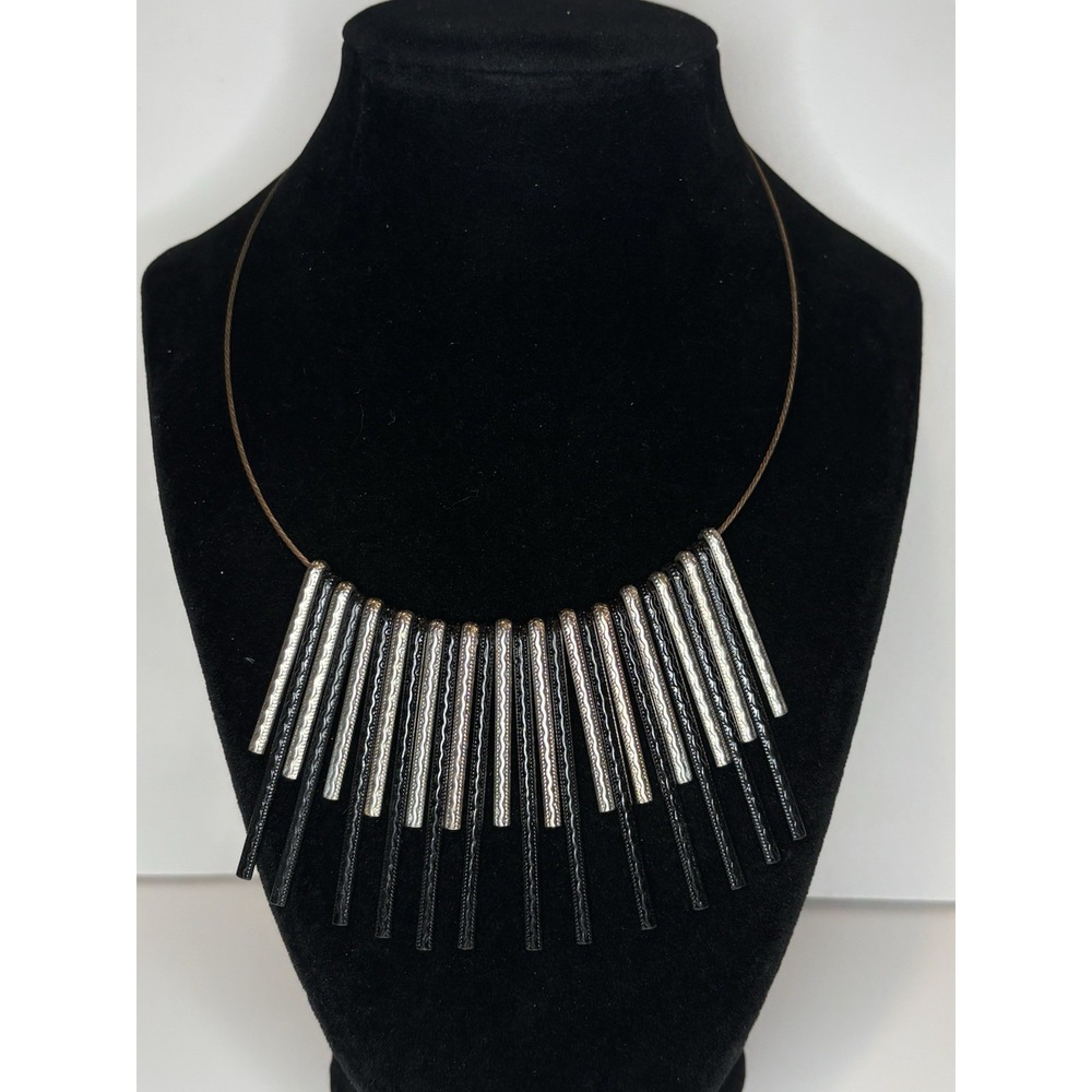 Bar Fringe Statement Necklace Modern Geometric Black Silver Tone 20" NY & Co